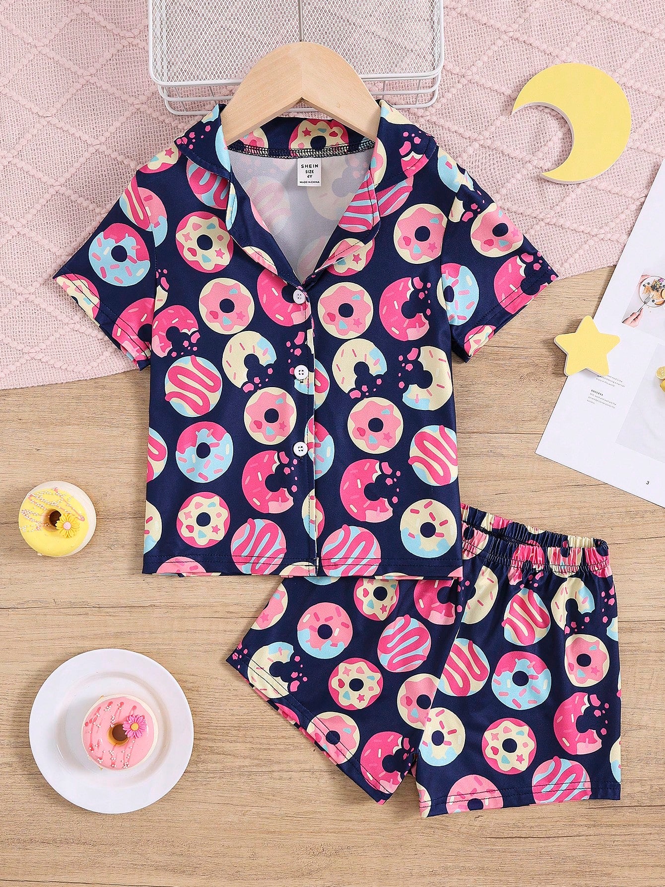 Young Girl Donut Print Short Sleeve Loose Fit 2pcs Home Clothes Set