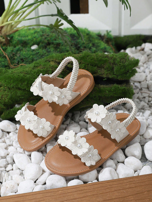 Girls' Sweet And Lovely Style Flat Sandals, White, For Daily Wear, Summer Or Spring