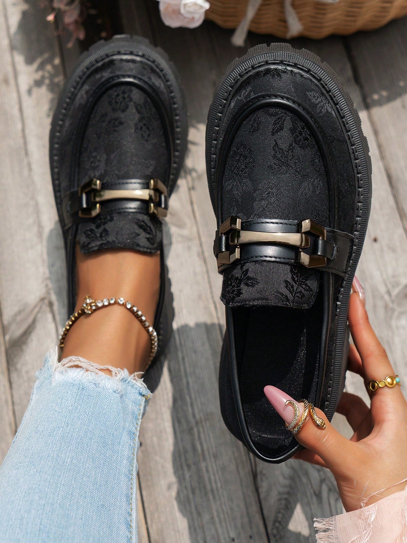 Black Wedges Thick Sole Loafers With Bow, Cloth Pattern, Chinese Style Slip-On, Casual Vintage Round-Toe Shoe