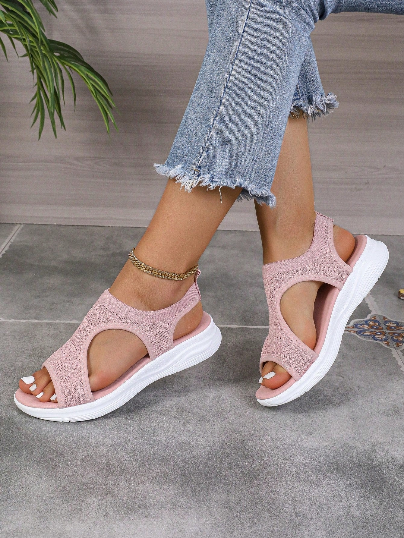 Women Slippers Summer Plus Size Wedge Chunky Platform Pink Slides High Heel Beach Sandals Casual Woven Pink Slippers