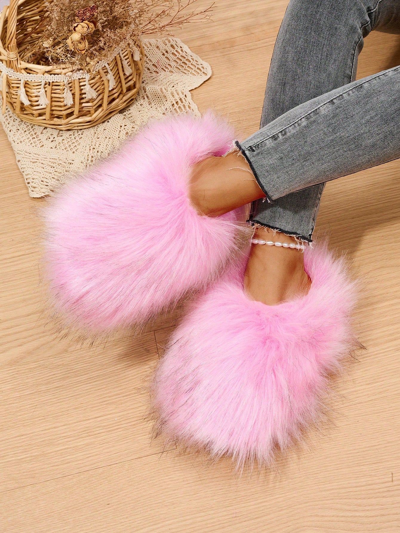 Faux Fur Lined Slippers For Women, Warm Indoor Slip-On Fluffy House Shoes, Plus Size Slippers For Outdoor Wear