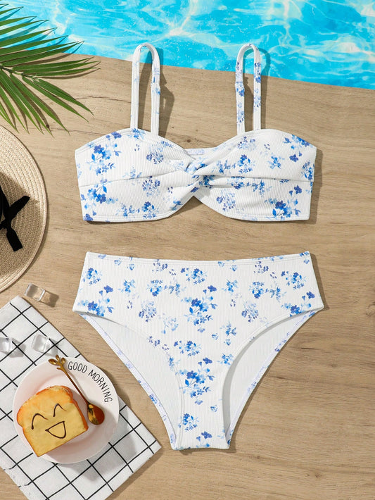 Teen Girl Fashionable Printed Bikini Swimwear Set, Random Print