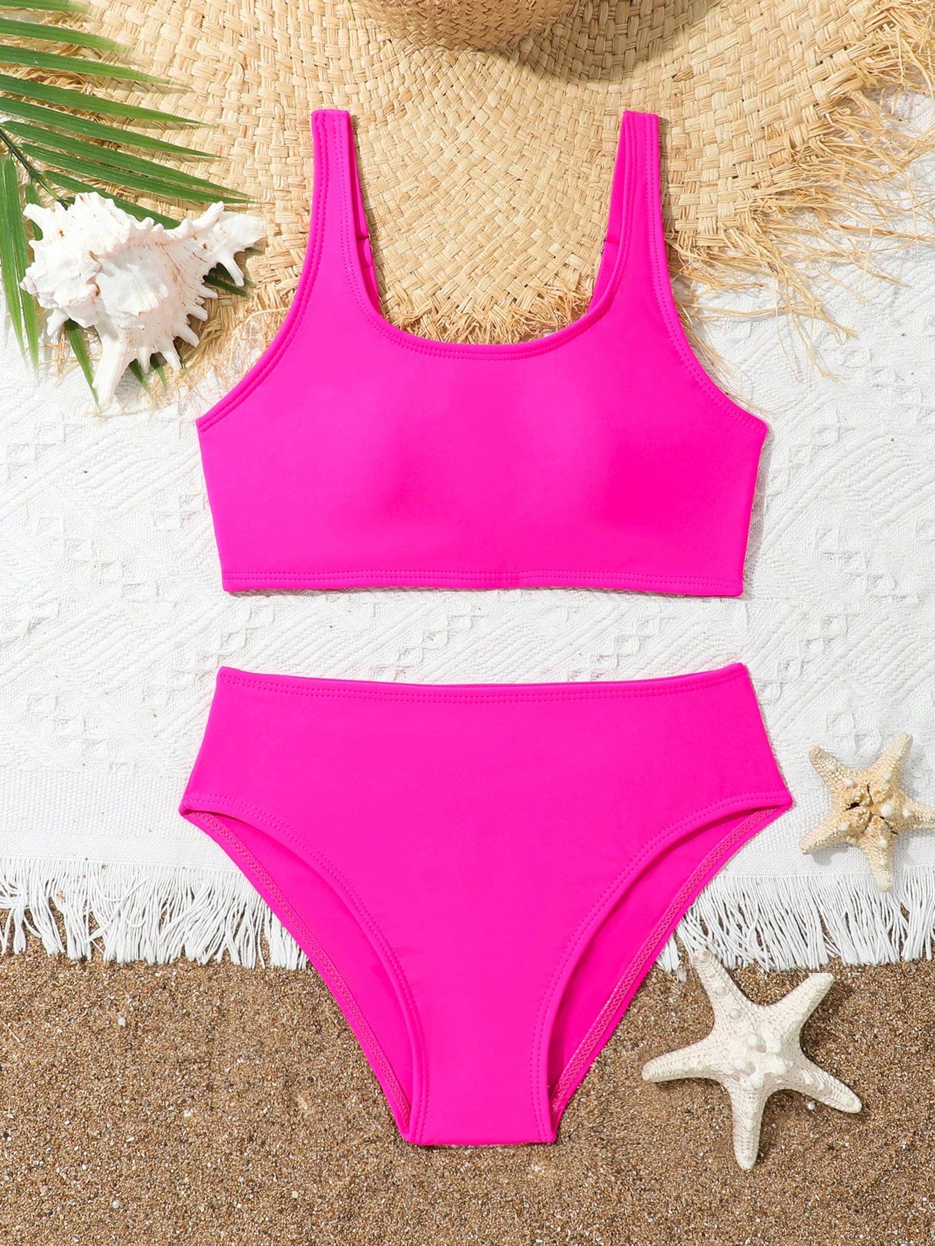 Tween Girl Solid Color Vest And Triangle Briefs Casual Bikini Separates Swimwear Set