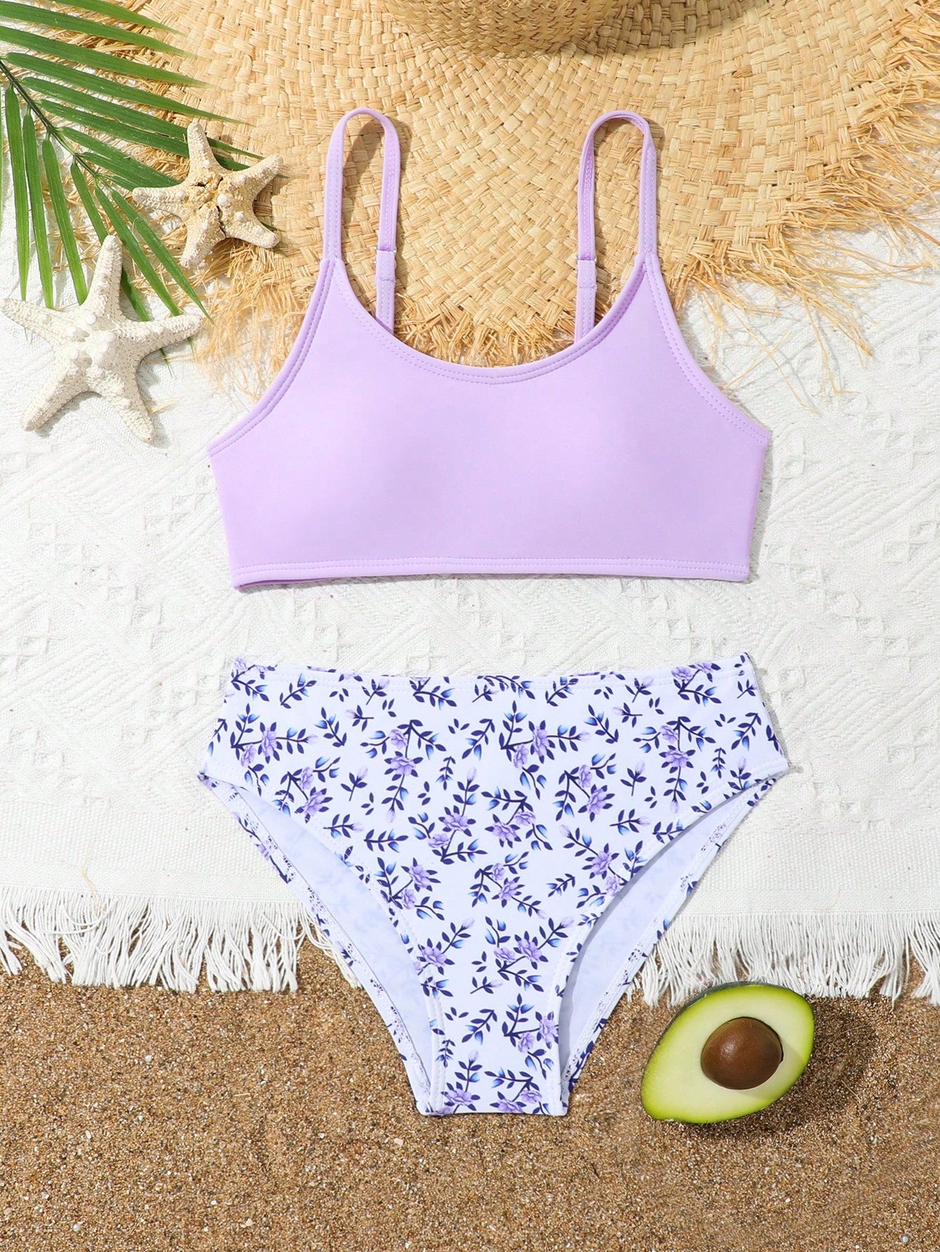 Tween Girl Plant Print Bikini Set Summer Beach