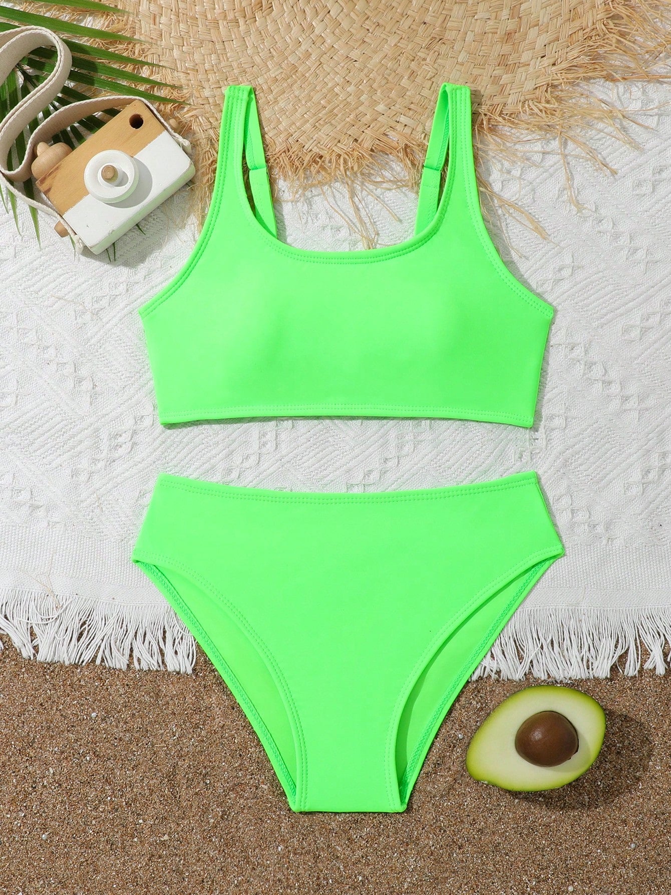 Tween Girl Solid Color Vest And Triangle Briefs Casual Bikini Separates Swimwear Set