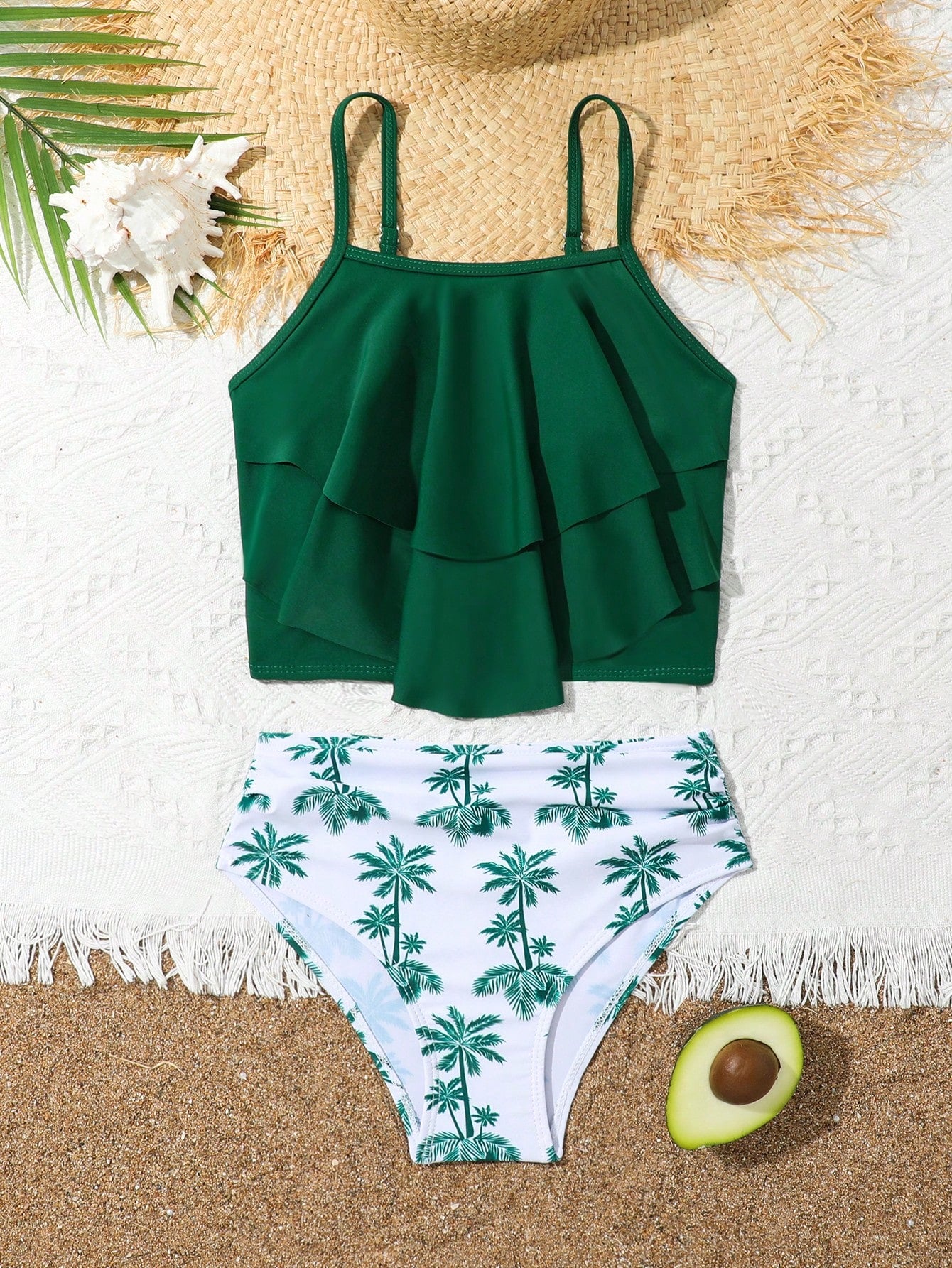 Tween Girl Palm Tree Print Hanky Hem Bikini Set Summer Beach