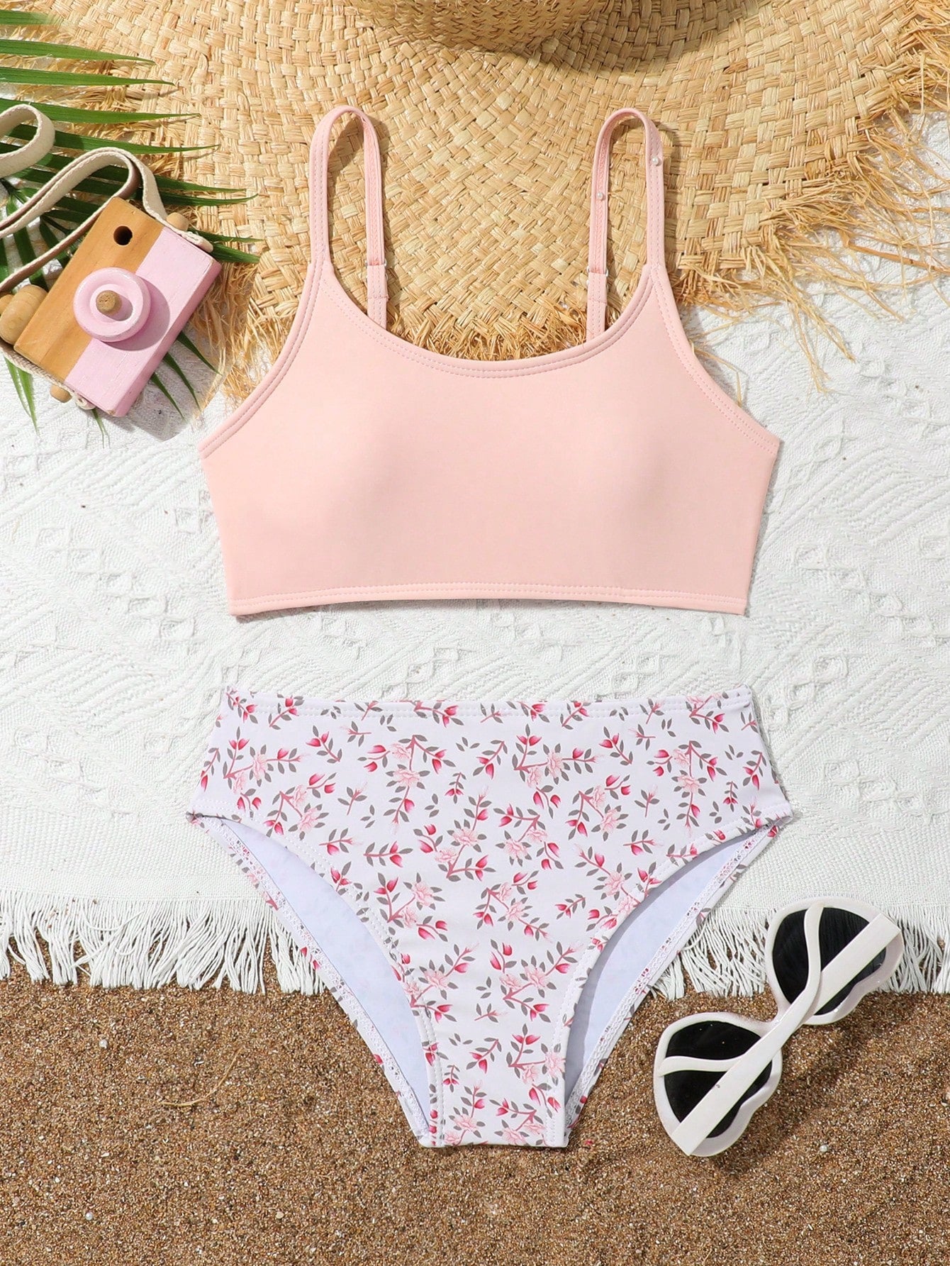 Tween Girl Plant Print Bikini Set Summer Beach