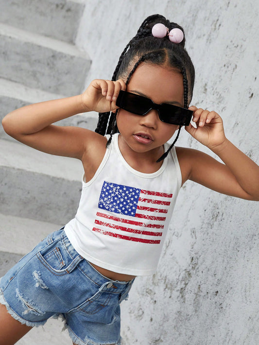 Young Girl Knitted Solid Color Round Neck Striped Star Pattern Casual Crop Top