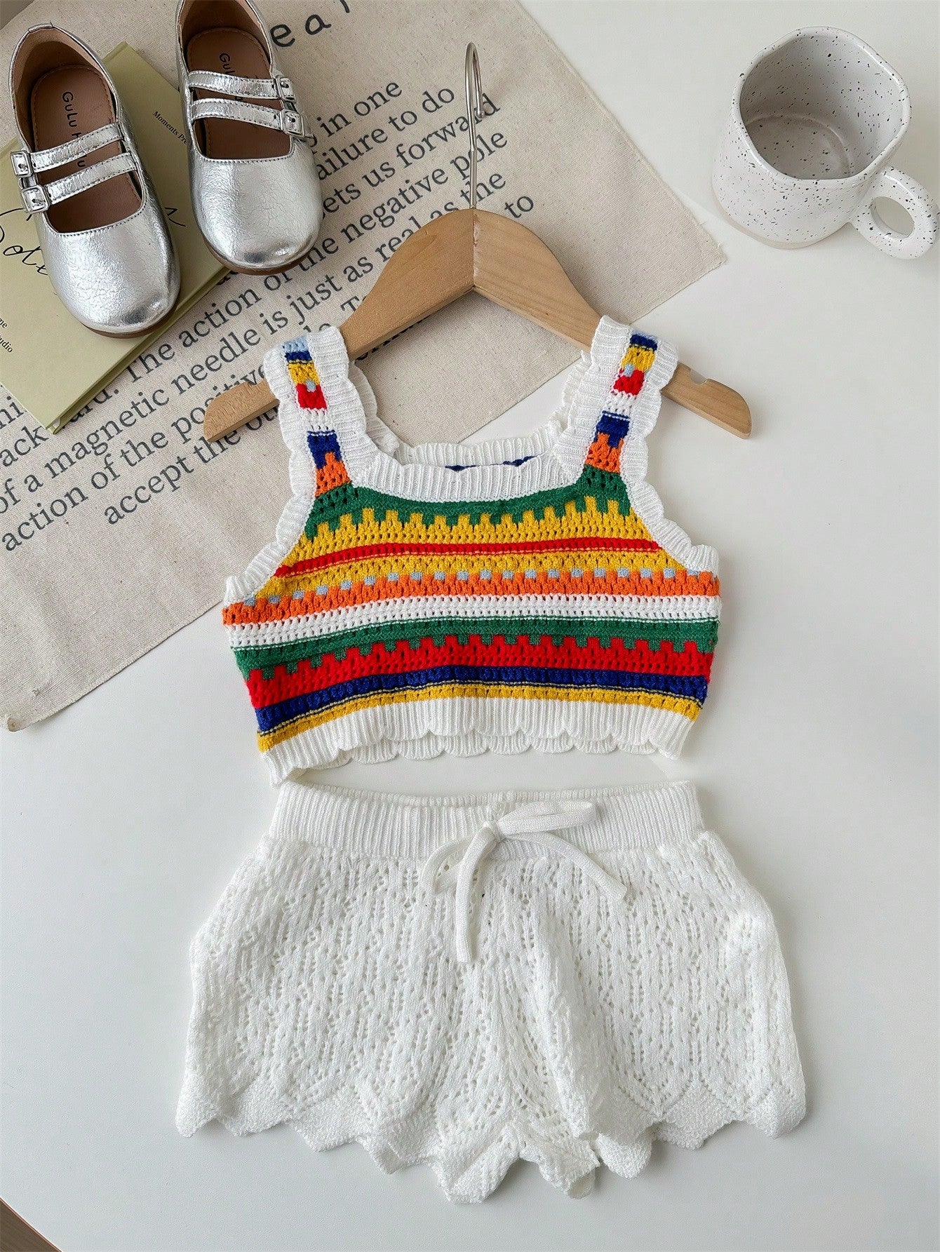 Young Girl Striped Knitted Tank Top And Shorts Set, With Solid Colored Knit Cardigan