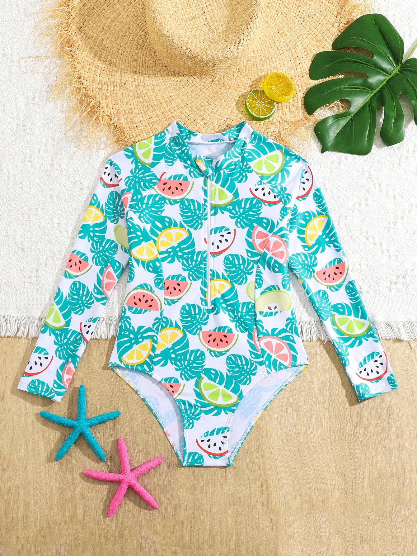 Young Girl Holiday Style One-Piece Swimsuit With Floral Print Long-Sleeved Design