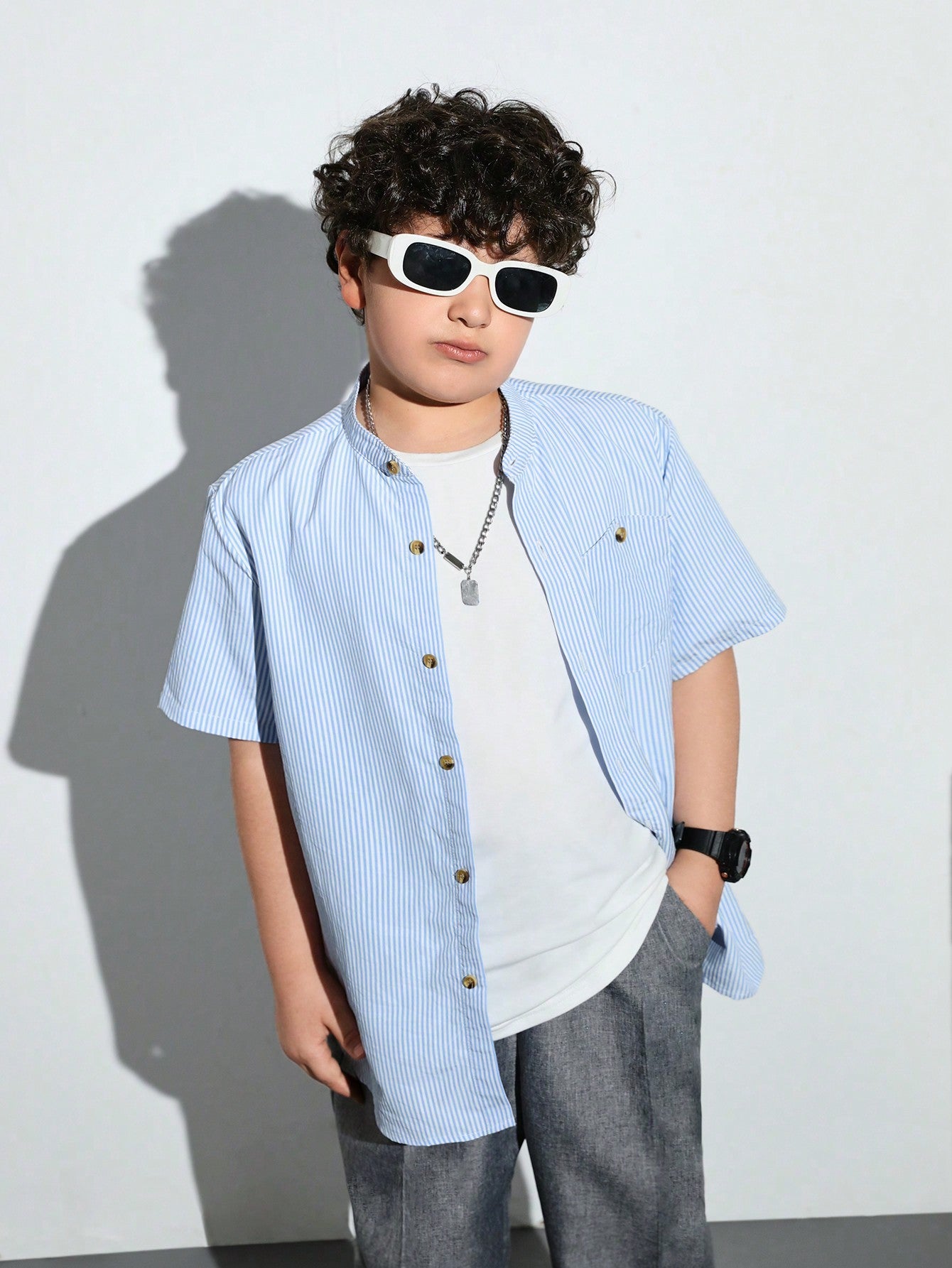 Tween Boys Extended Size Striped Mandarin Collar Short-Sleeve Shirt