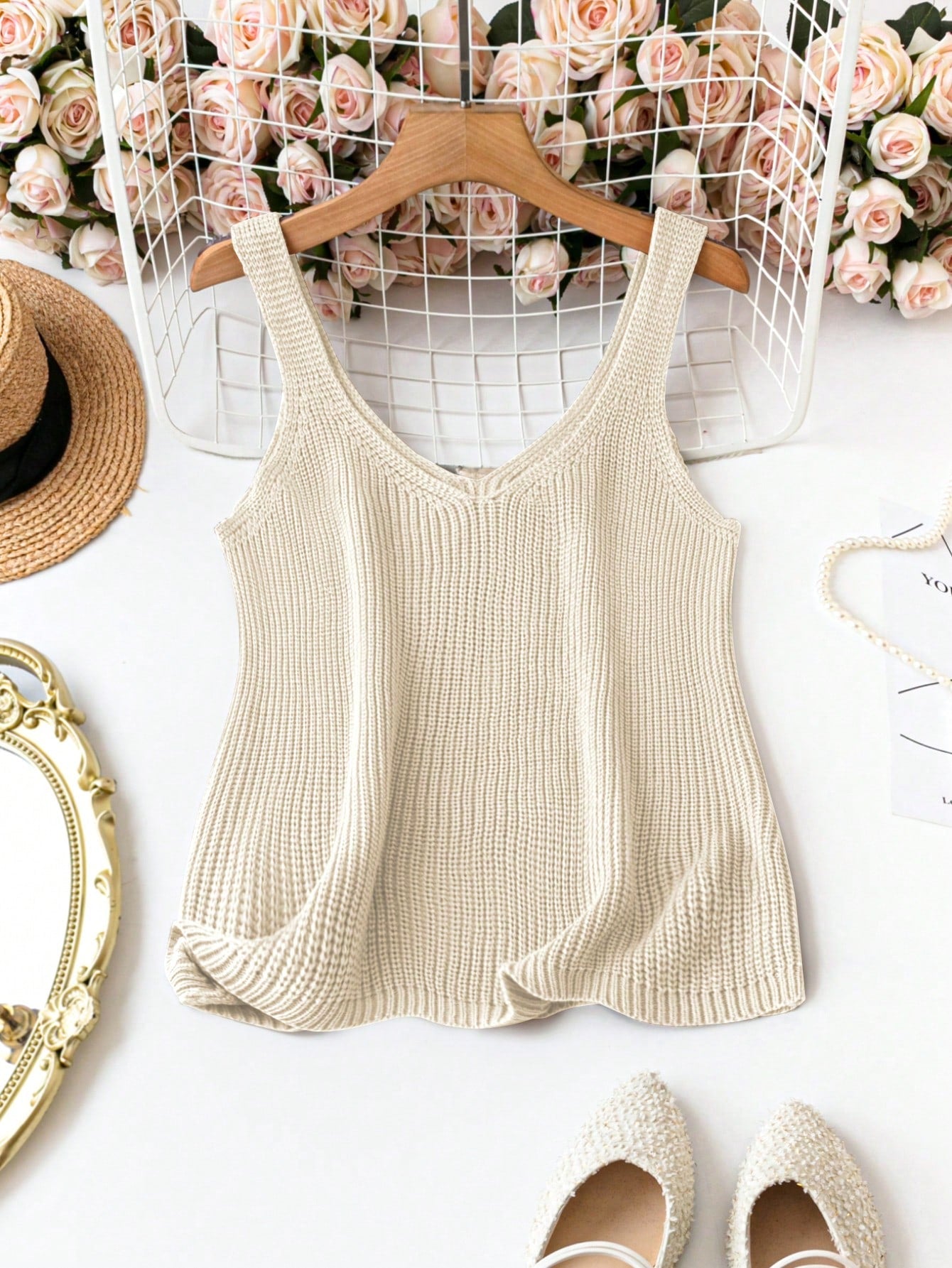 Plus Size Solid Color Sleeveless Casual Knitted Top For Spring