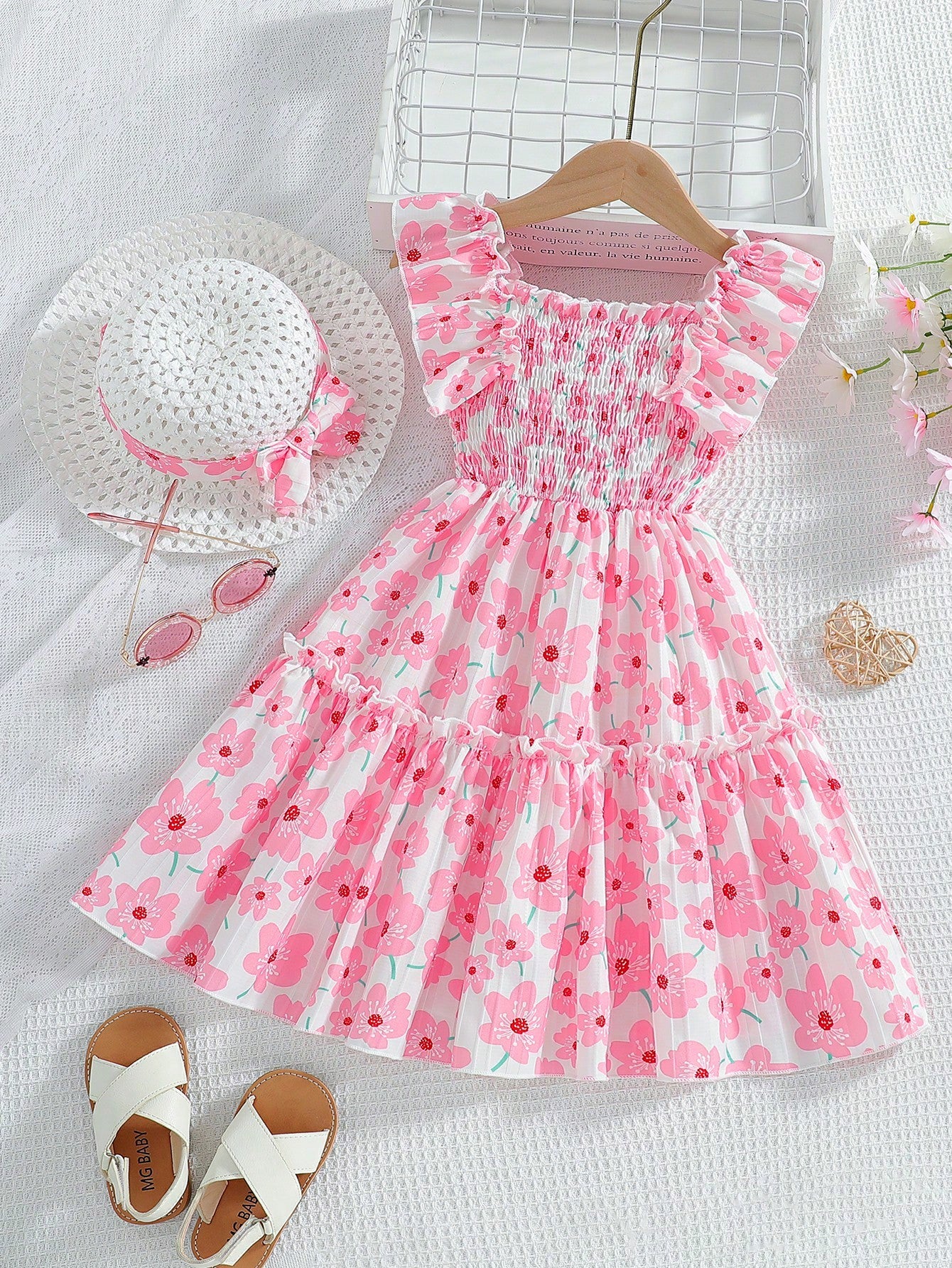 Young Girl Mexican Children's Day Sleeveless Colorful Dopamine Pink Allover Print Midi Dress, Summer