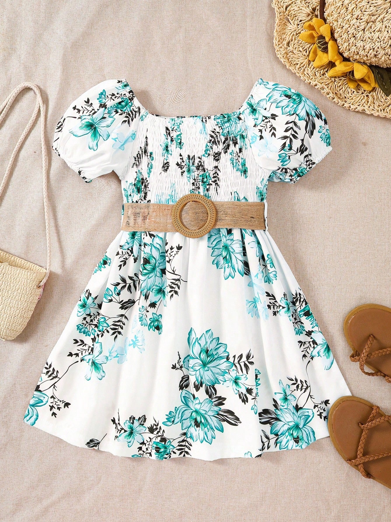 Young Girl Floral Print Puff Sleeve Shirred Dress Without Belt