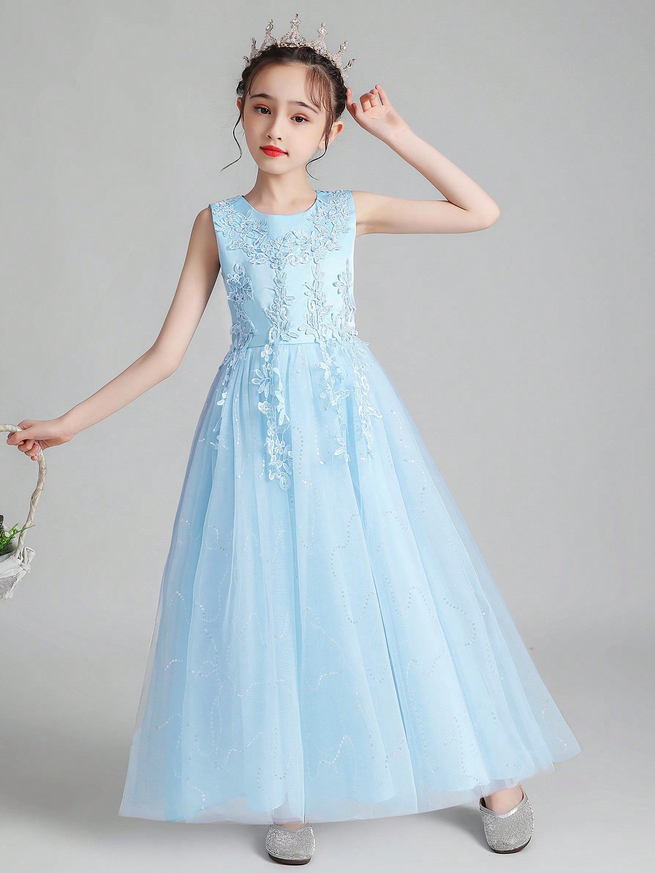 Tween Girl Elegant Embroidered Floral Puffy Princess Dress, Perfect For Wedding, Hostess, Party, Birthday Party