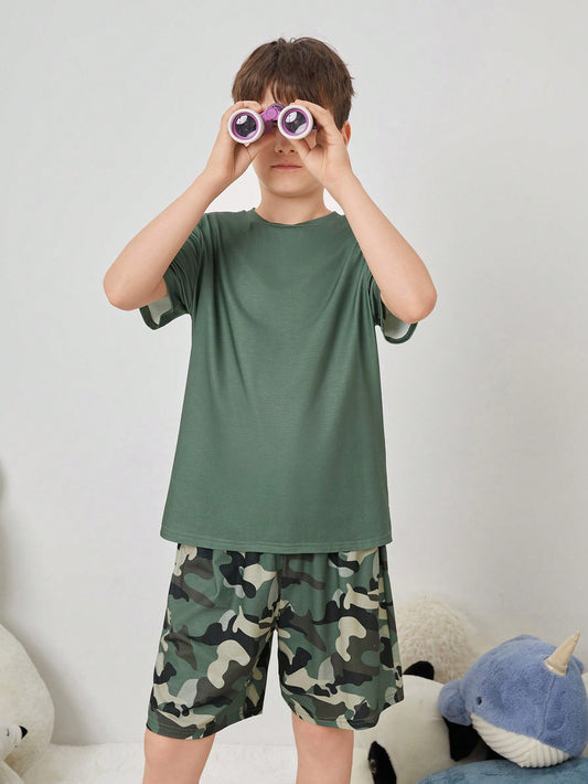 Summer Loose & Casual & Simple Knitted Flame Retardant Home Short-Sleeve T-Shirt And Camouflage Shorts 2pcs/Set For Tween Boys