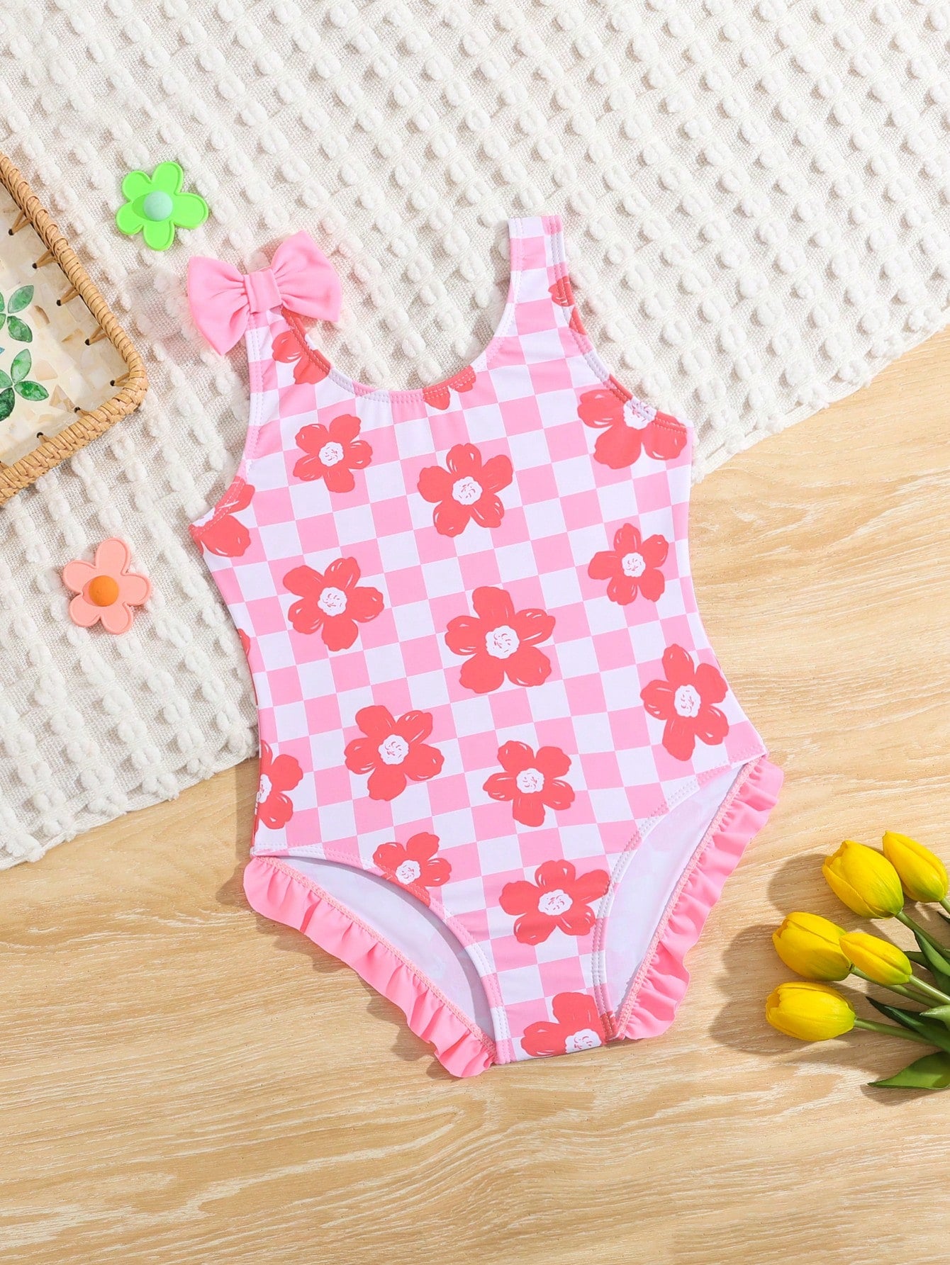 Young Girl Watermelon Print Bow Decor One Piece Swimsuit