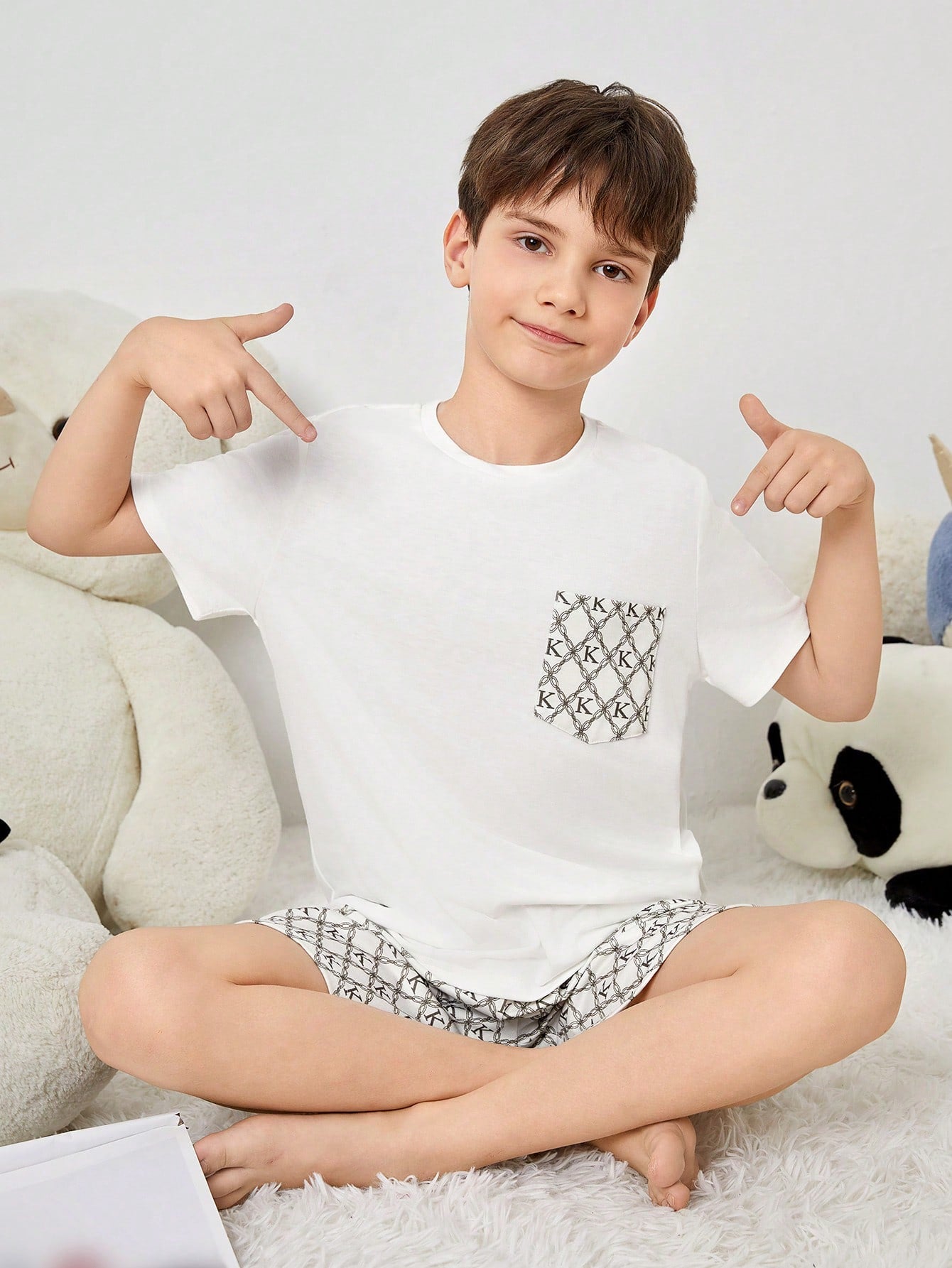 Tween Boy Summer Knitted Casual Short Sleeve T-Shirt And Shorts Pajama Set With Letter Print And Patchwork Design