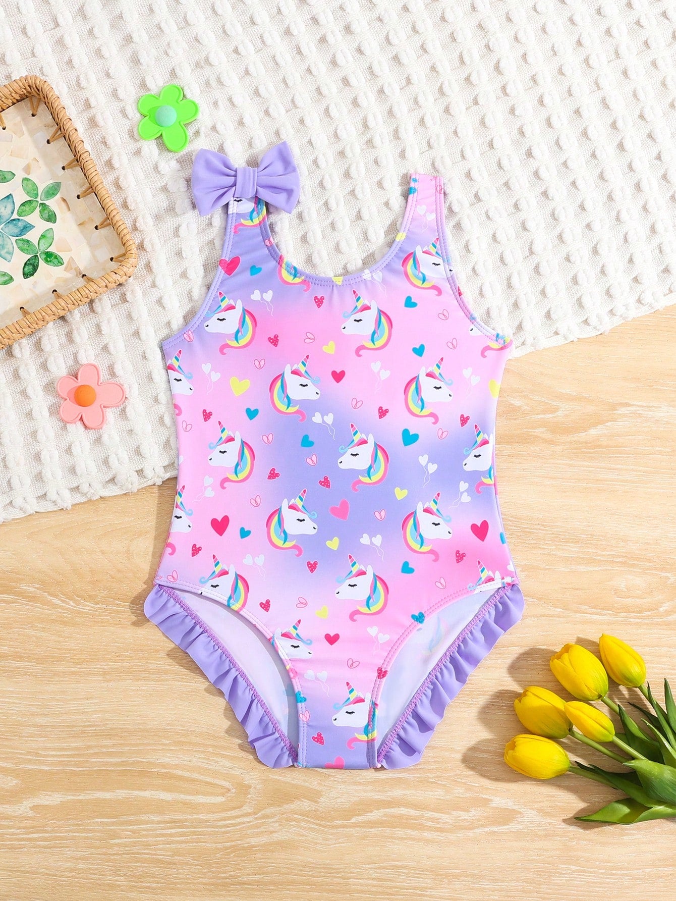 Young Girl Watermelon Print Bow Decor One Piece Swimsuit