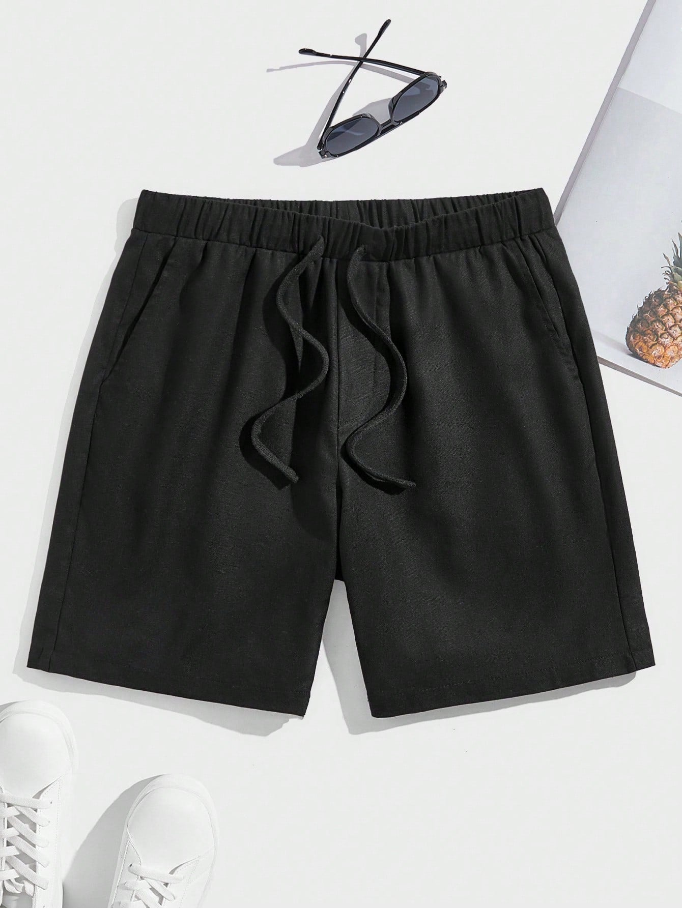 Men Woven Casual Solid Color Drawstring Shorts, Spring And Summer