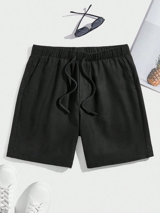 Men Woven Casual Solid Color Drawstring Shorts, Spring And Summer