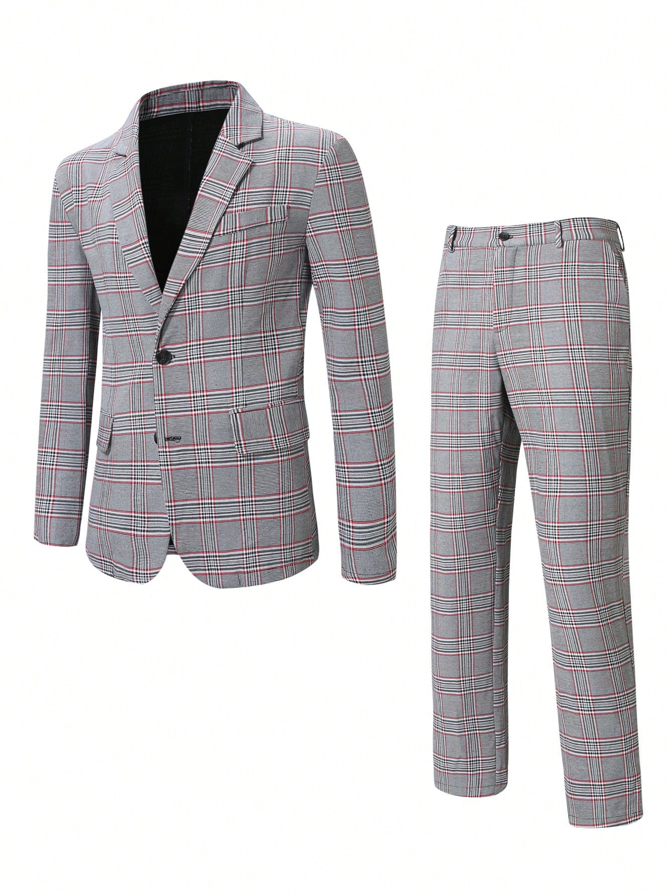 Men 1pc Plaid Lapel Collar Blazer & 1pc Suit Pants