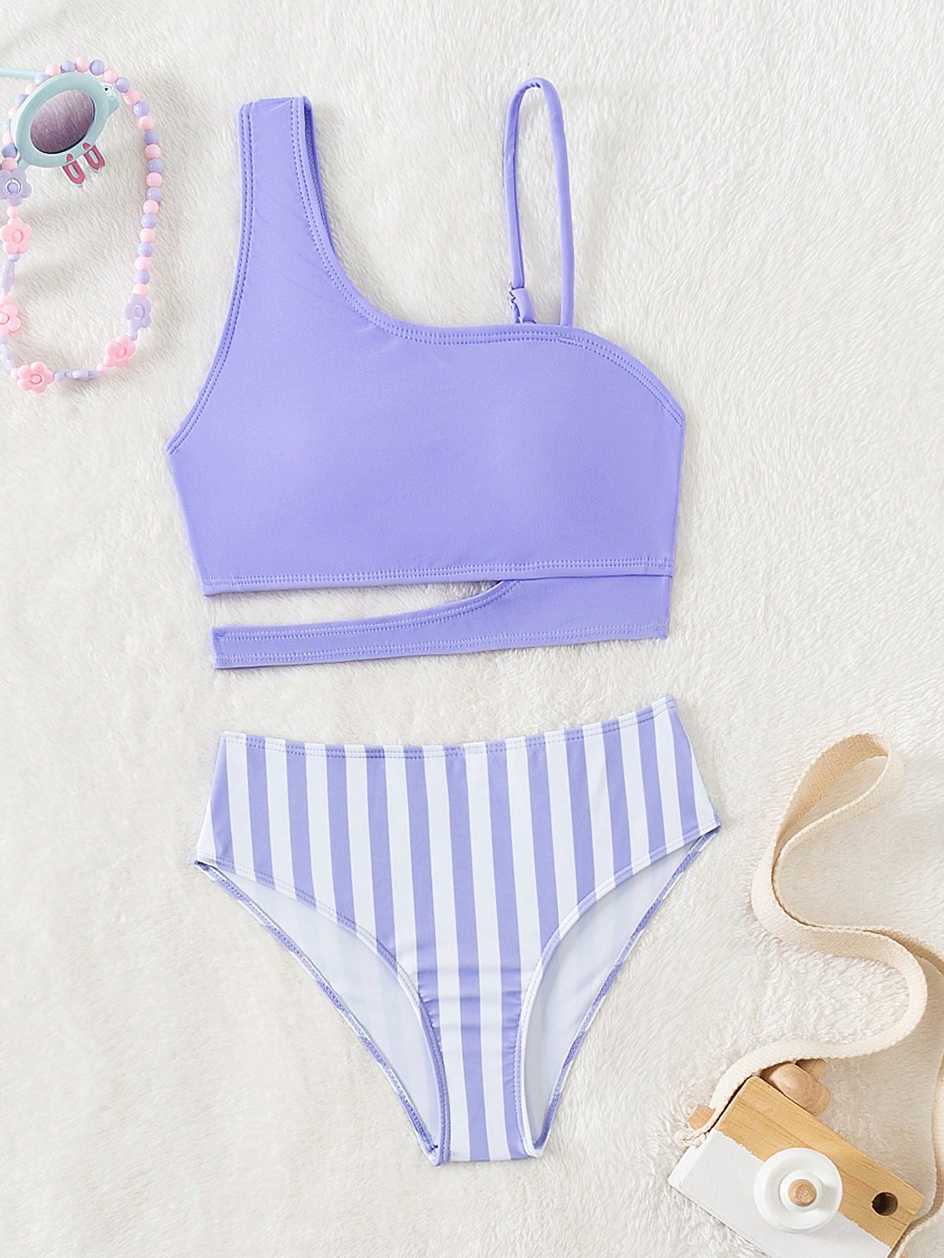 Tween Girl Striped Cut Out Asymmetrical Neck Cut Out Bikini Set Summer Beach