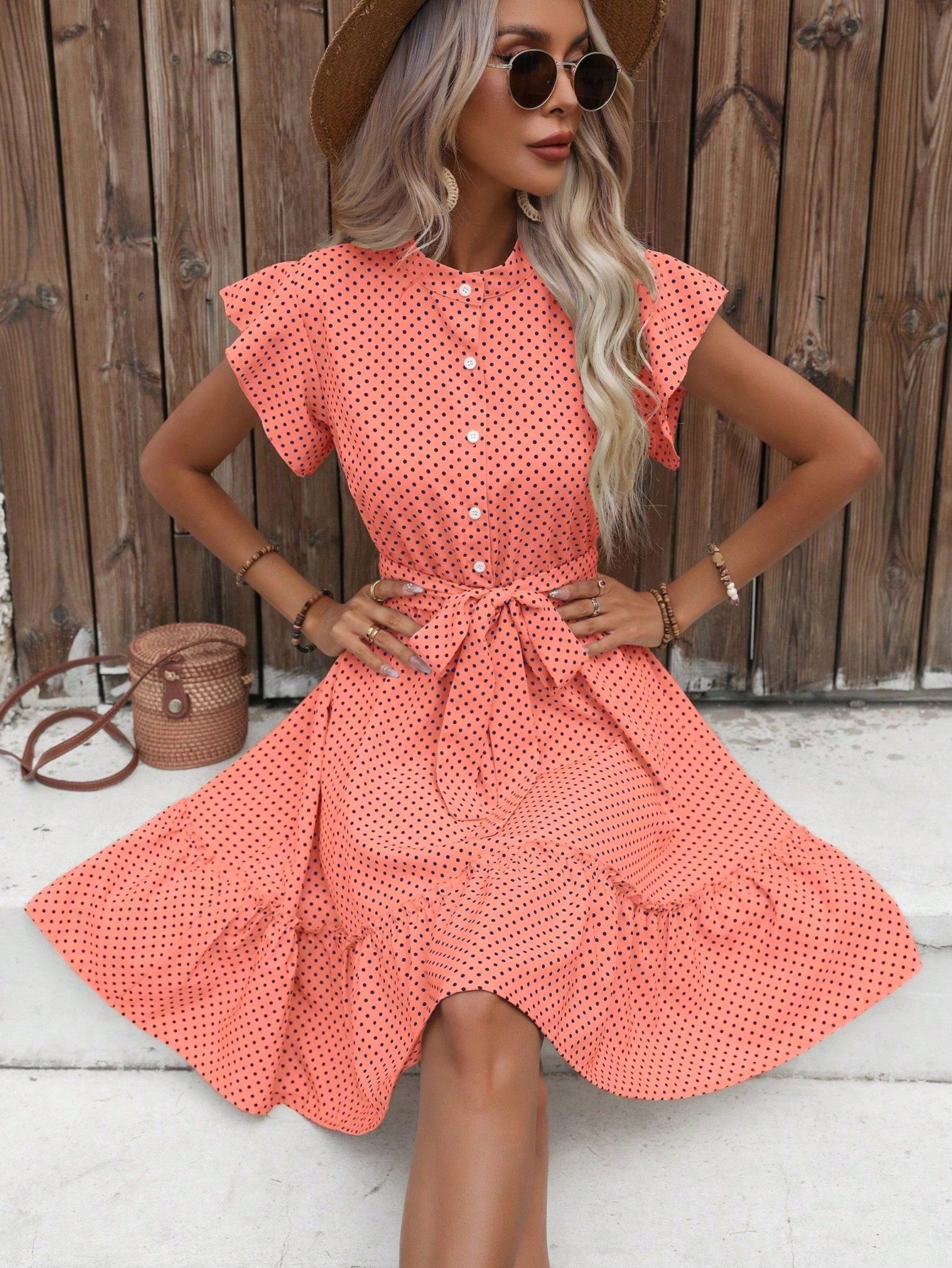 Polka Dot Print Ruffle Hem Belted Dress