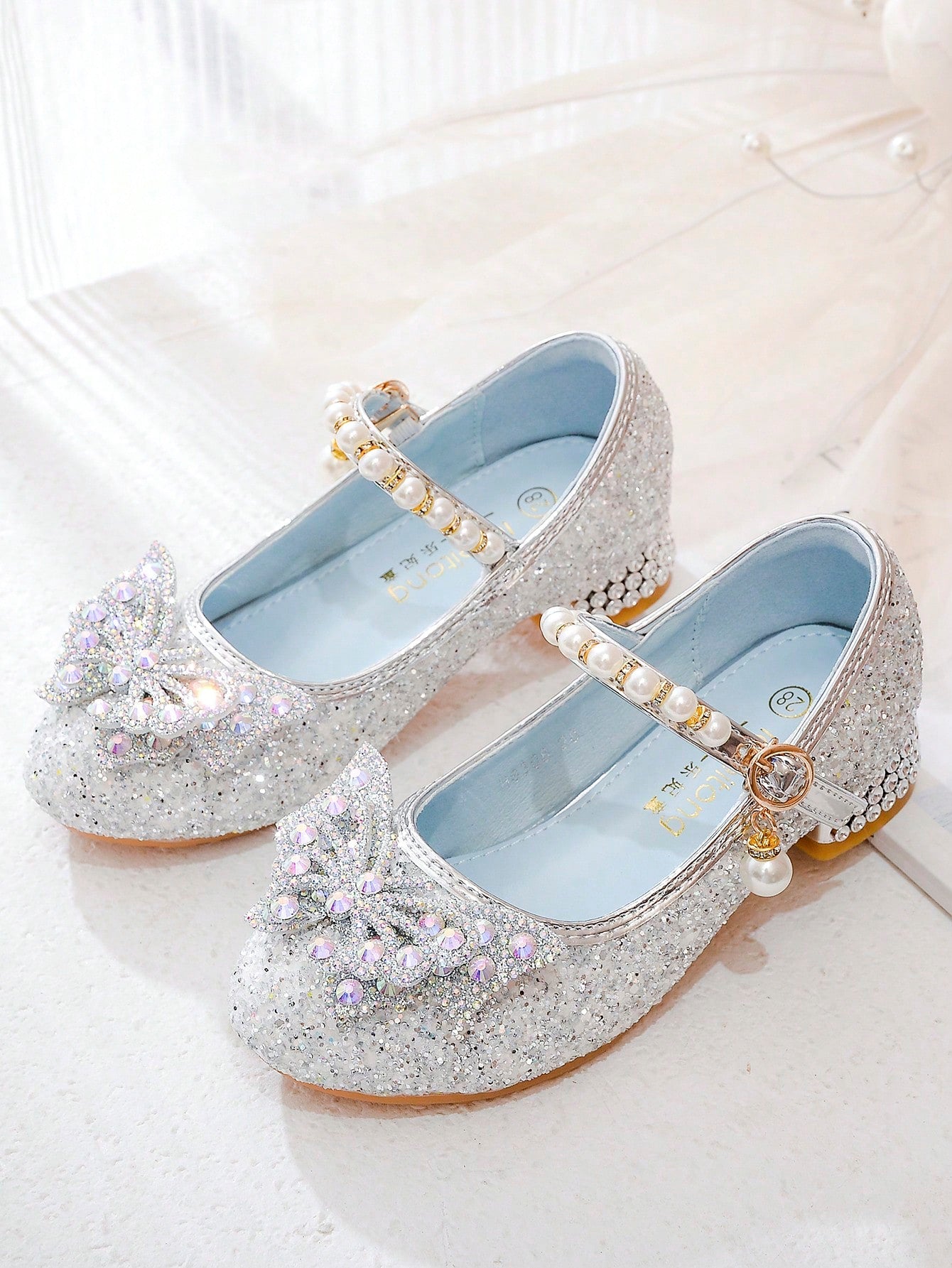 Butterfly Bowknot & Pearl Decor Princess High-Heeled Shoes For Girls