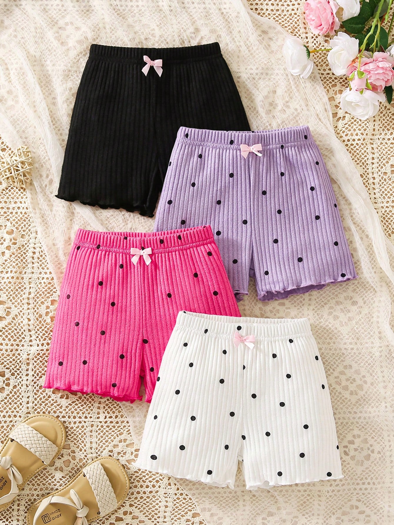 Young Girl Polka Dot Patterned 4-Piece Shorts Set