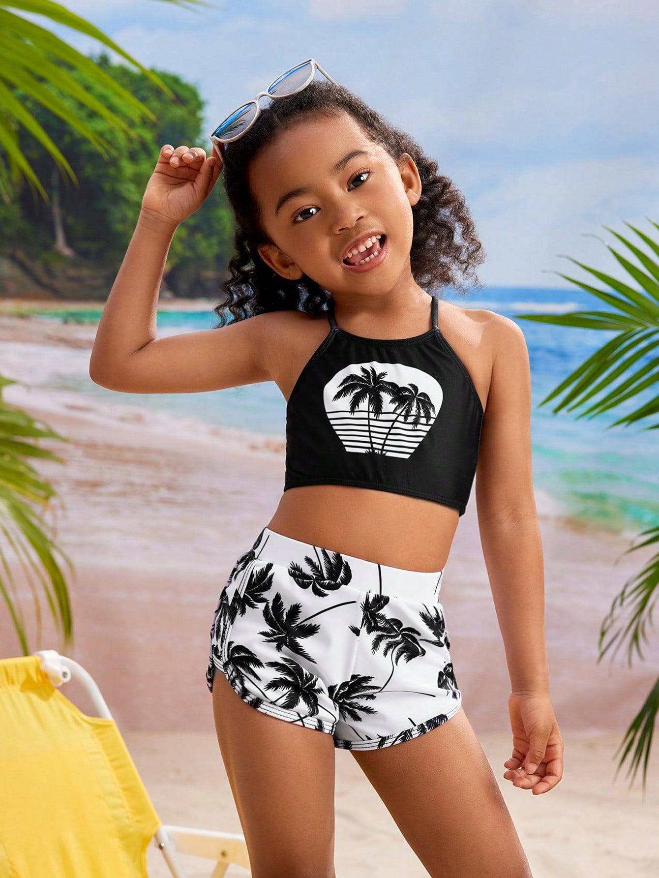 Young Girl Cute Palm Tree Printed Halter Neck Vest And Shorts Bikini Set, Beach Holiday Summer Beach