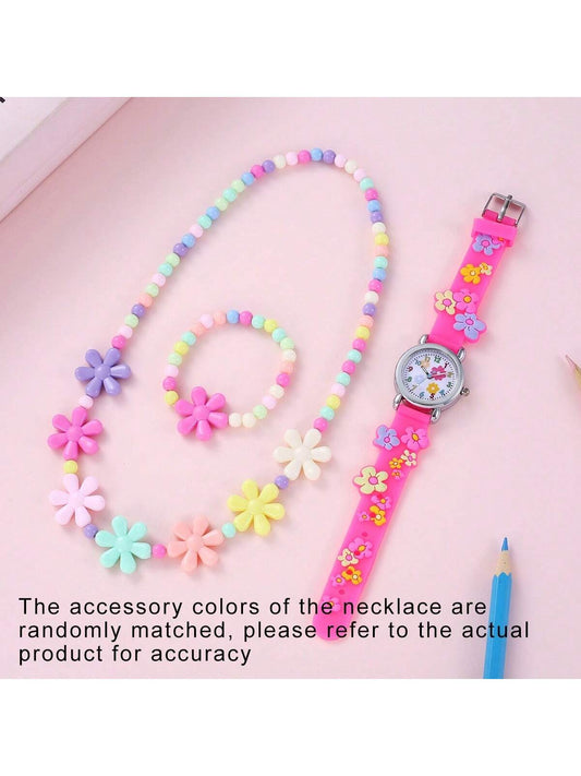 1pc Kids Flower Detail Silicone Strap Round Dial Quartz Watch & 2pcs Jewelry Set For Party