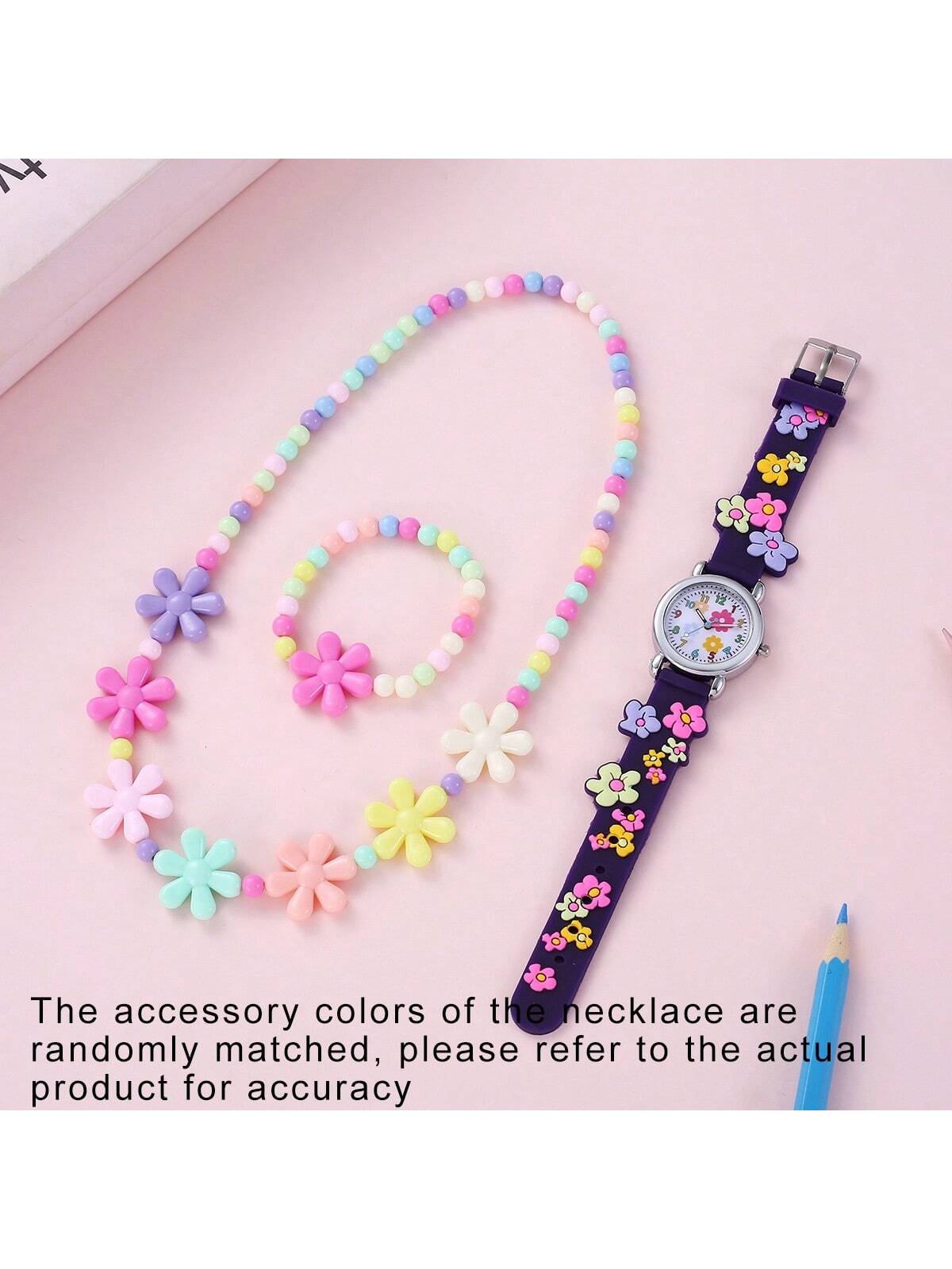 1pc Kids Flower Detail Silicone Strap Round Dial Quartz Watch & 2pcs Jewelry Set For Party