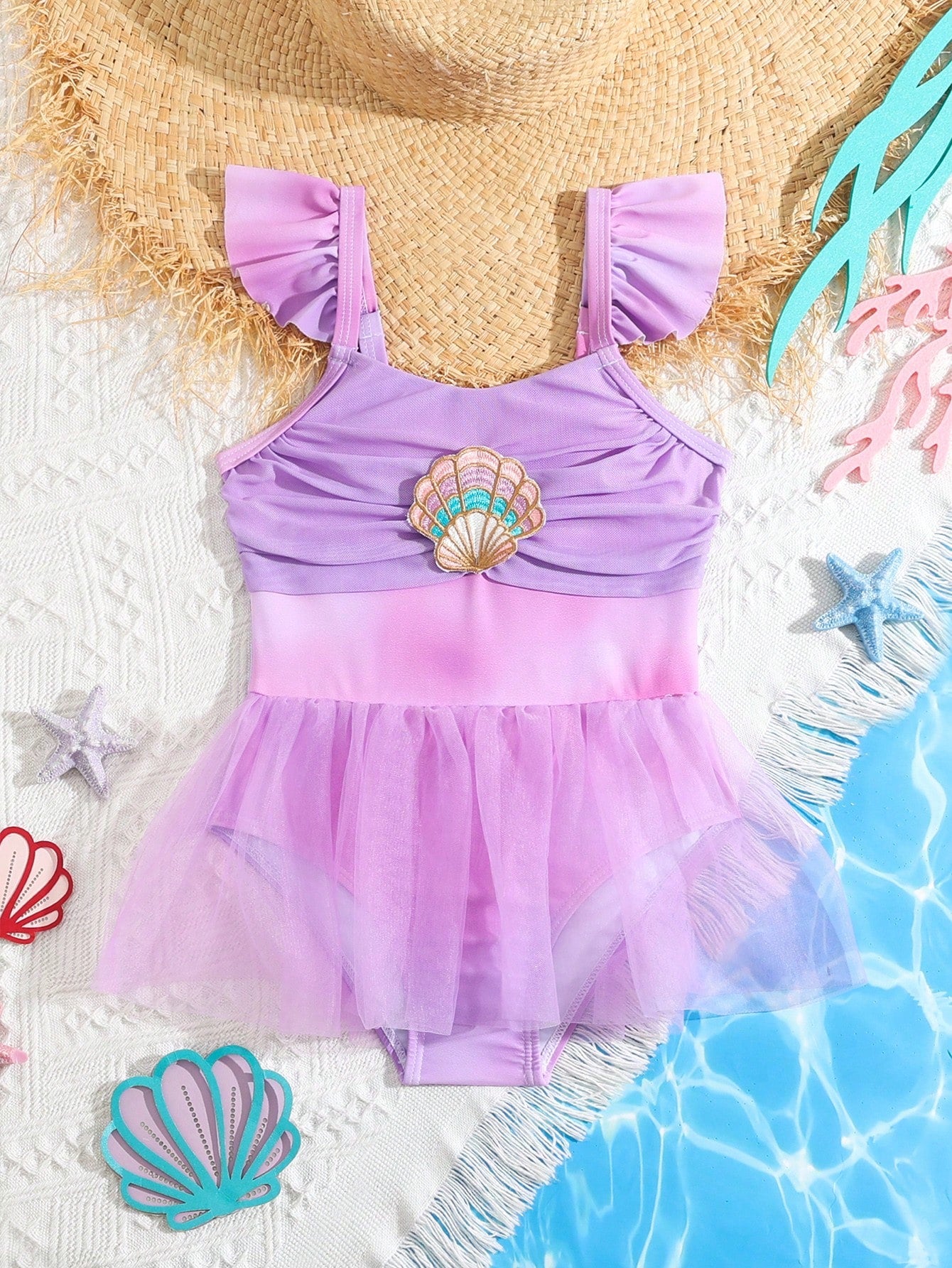 Young Girl's Ombre Shell Decoration Mesh Splice One-Piece Swimsuit, Bathing Suit Beach Outfit Summer Vacation