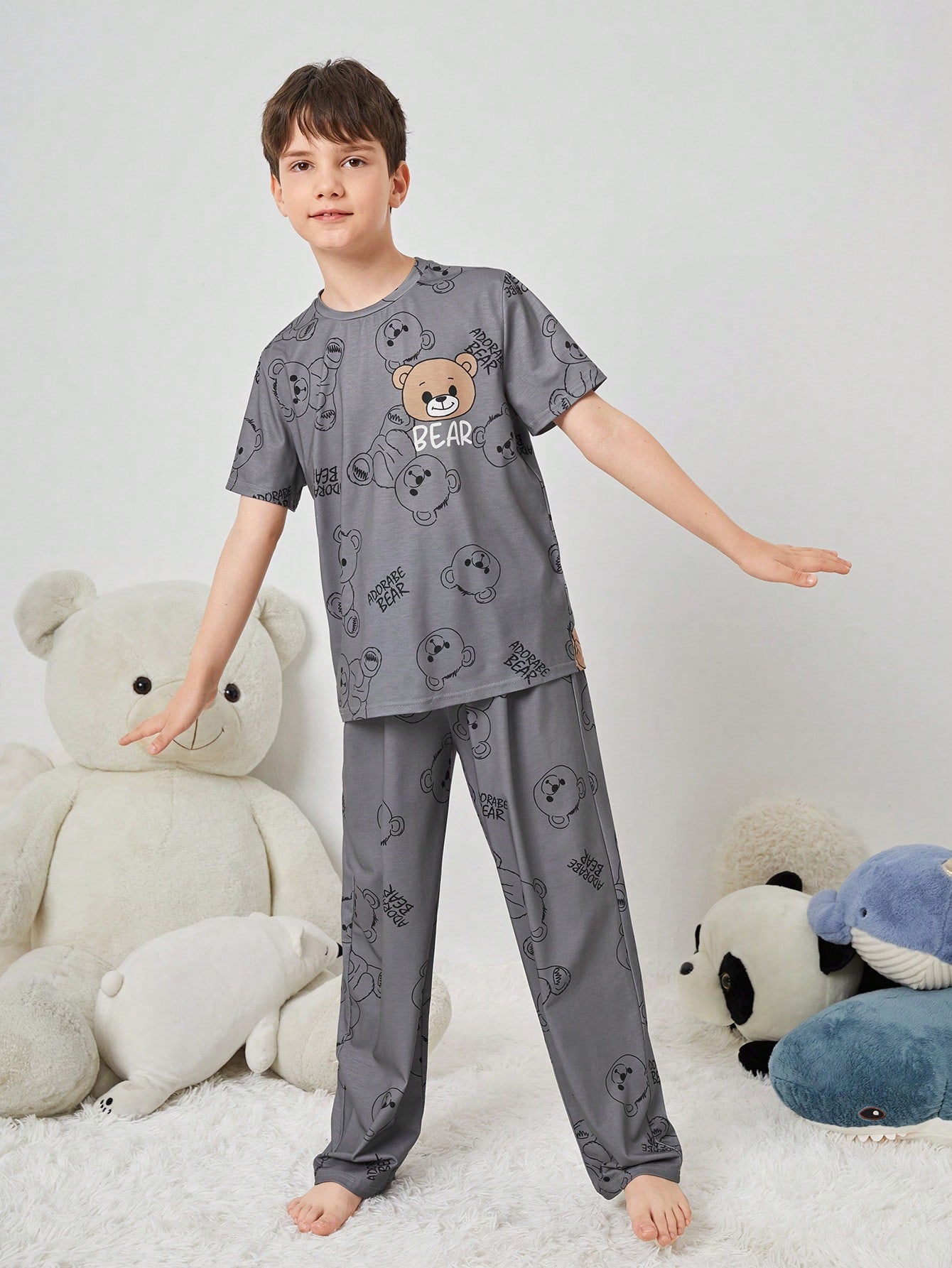 Tween Boy Cartoon Pattern Short Sleeve And Long Pants Loose Casual Flame Retardant Pajama Set