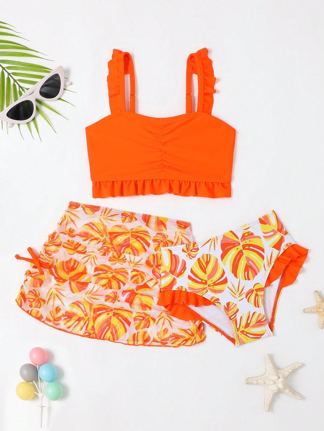 Young Girl Solid Color Top T-Shirt And Tropical Printed Bottoms Bikini Set Summer Beach