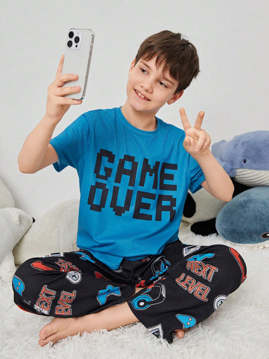 Tween Boy Thank You Comfortable Loose-Fitting Letter Pattern Short Sleeve Long Pants Flame Retardant Sleepwear Set