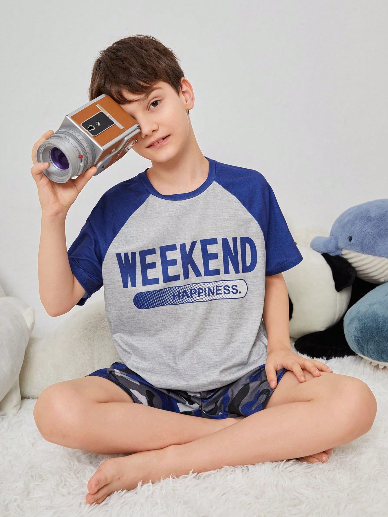 Tween Boy Summer Casual Color Block Short Sleeve Tee With Letter Print And Camouflage Pattern Shorts Flame-Retardant Pajama Set