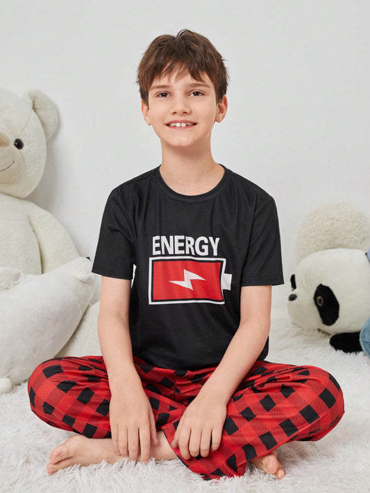 Tween Boy Casual Short Sleeve Plaid Long Pants Knitted Flame Retardant Pajamas Set