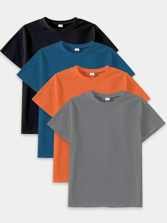 Tween Boy 4pcs/Set Summer Casual Comfortable Short Sleeve T-Shirt Set With Round Neck, Multiple Colors