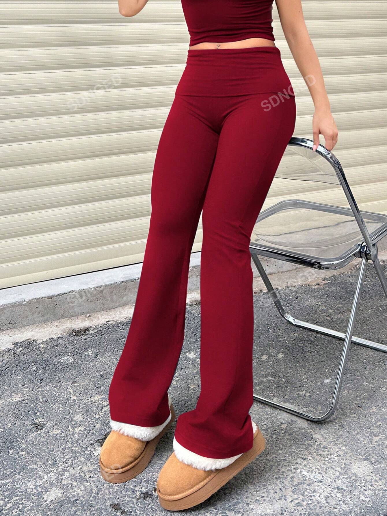 Women Casual Solid Color High Waisted Slim Fit Flared Bottom Pants