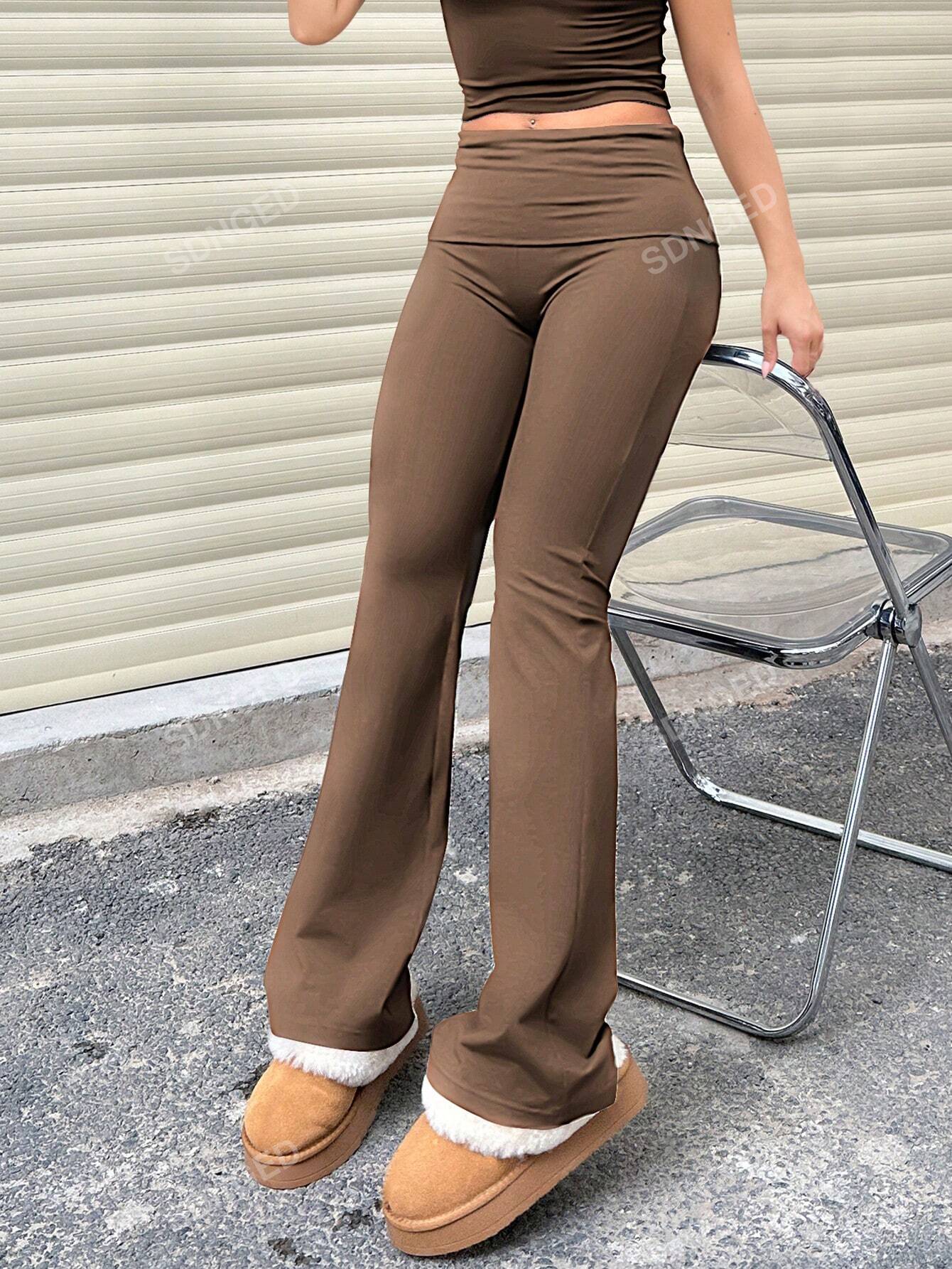 Women Casual Solid Color High Waisted Slim Fit Flared Bottom Pants