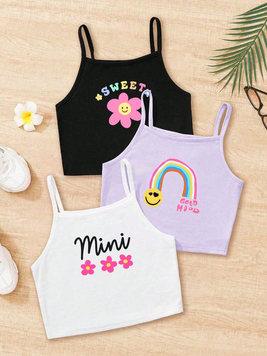 Young Girl Cute Rainbow & Floral Print Cartoon Tank Tops 3-Piece Set (Black, White And Purple), Casual And Simple, Suitable For Summer