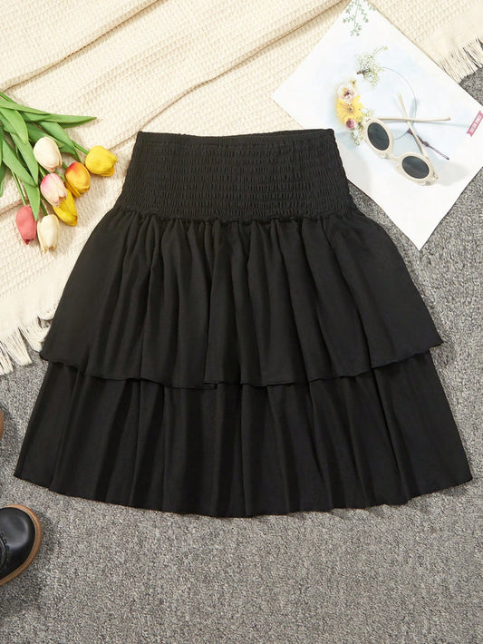 Teenage Girls' Black Double-Layered Short Skirt With Waist Tie, Spring/Summer