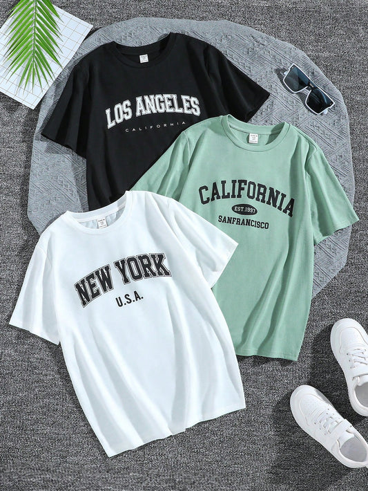 Tween Boys' Extended Size Casual Oversized Short Sleeve Knitted T-Shirts With Letter Printed Pattern, 3 Pieces In 3 Colors, Suitable For Daily Casual Wear, Vacation, Sports, Spring And Summer Seasons