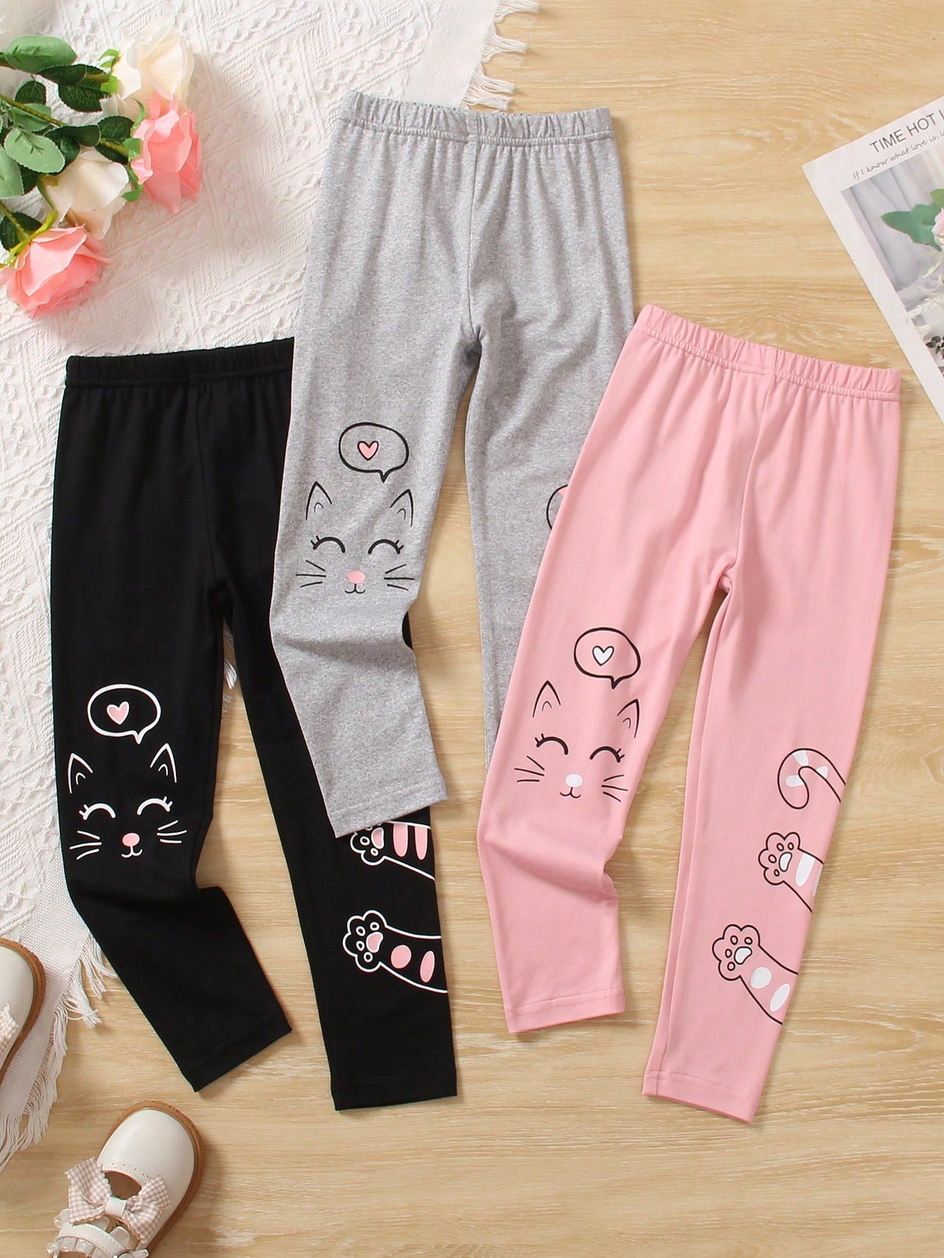 Young Girl New Casual Basic Leggings 3pcs/Set, All Seasons, With Lovely Cartoon Cats Print, For Toddler And Little Girls