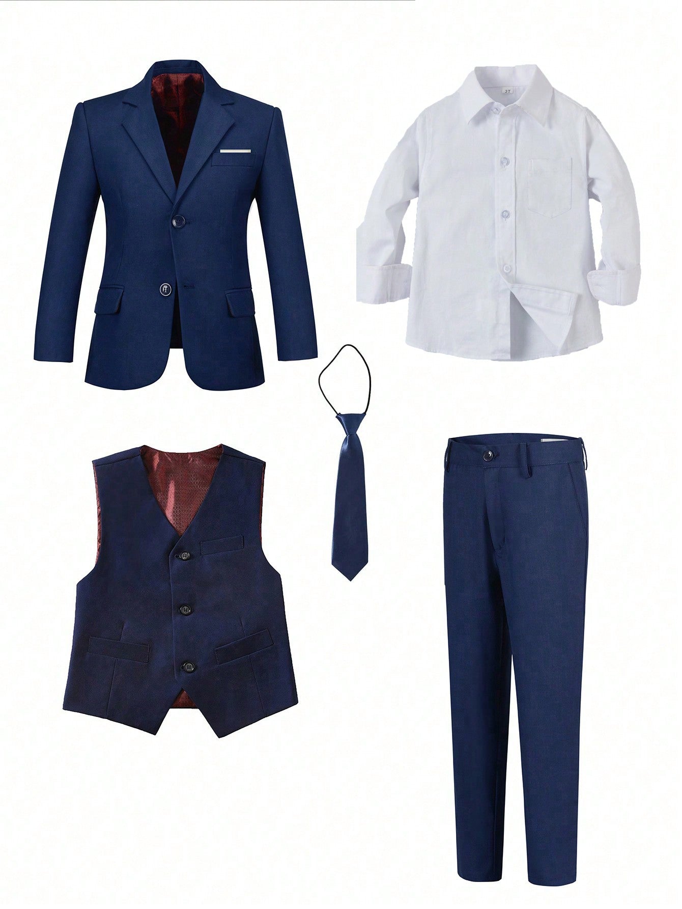 Back To School Season Young Boy Navy Blue Five-Piece Suit With Suit Vest, Pocket Shirt, Pants And Tie