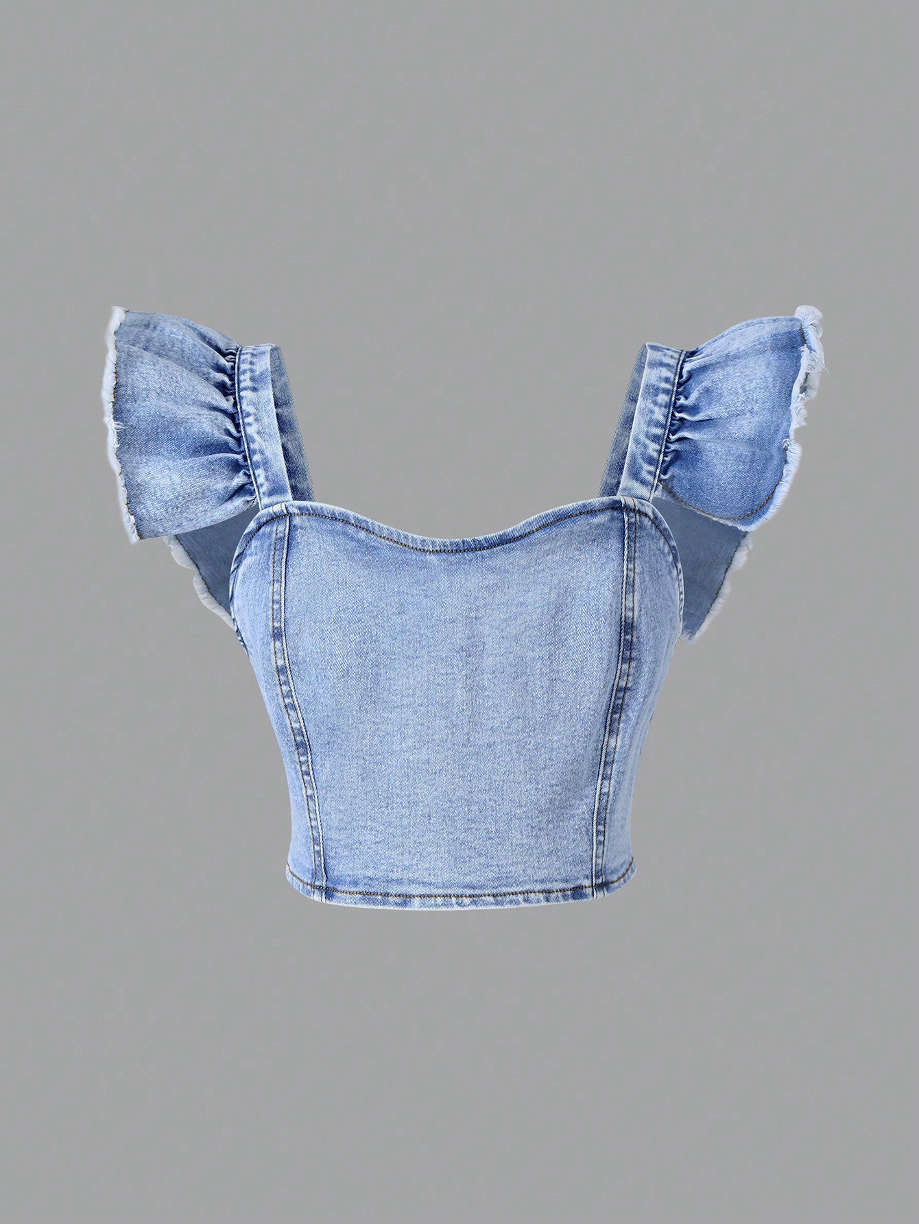 Teen Girl Casual And Fresh Short Cropped Denim Top With Ruffled Hem For Spring And Summer