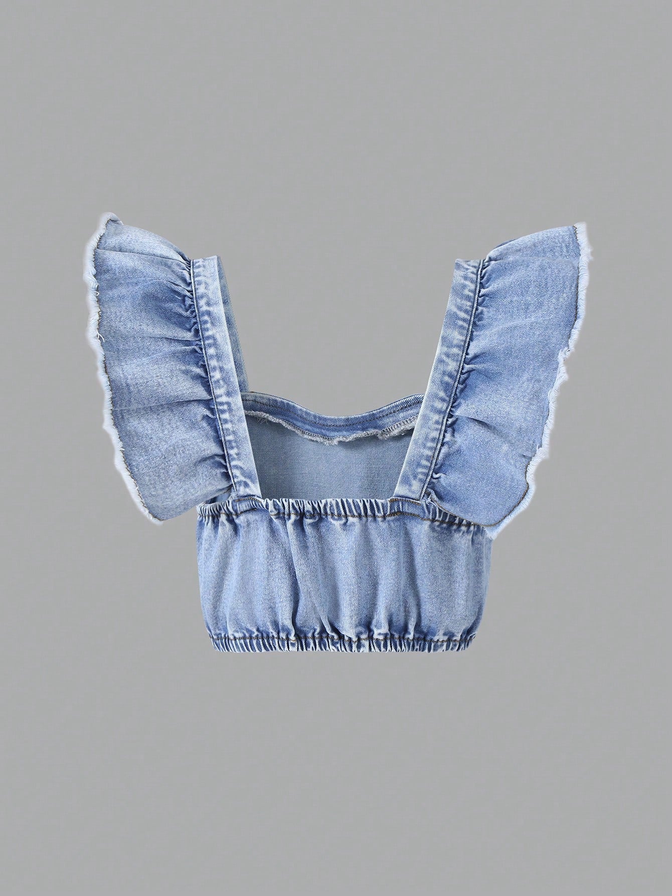 Teen Girl Casual And Fresh Short Cropped Denim Top With Ruffled Hem For Spring And Summer