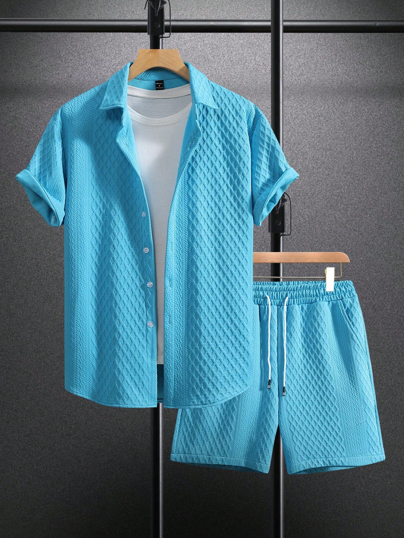 Men Solid Color Texture Short Sleeve Shirt And Shorts Set For Summer